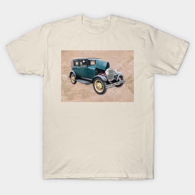 Vintage Blue Car on Old Route 66 on Newsprint T-Shirt by ButterflyInTheAttic